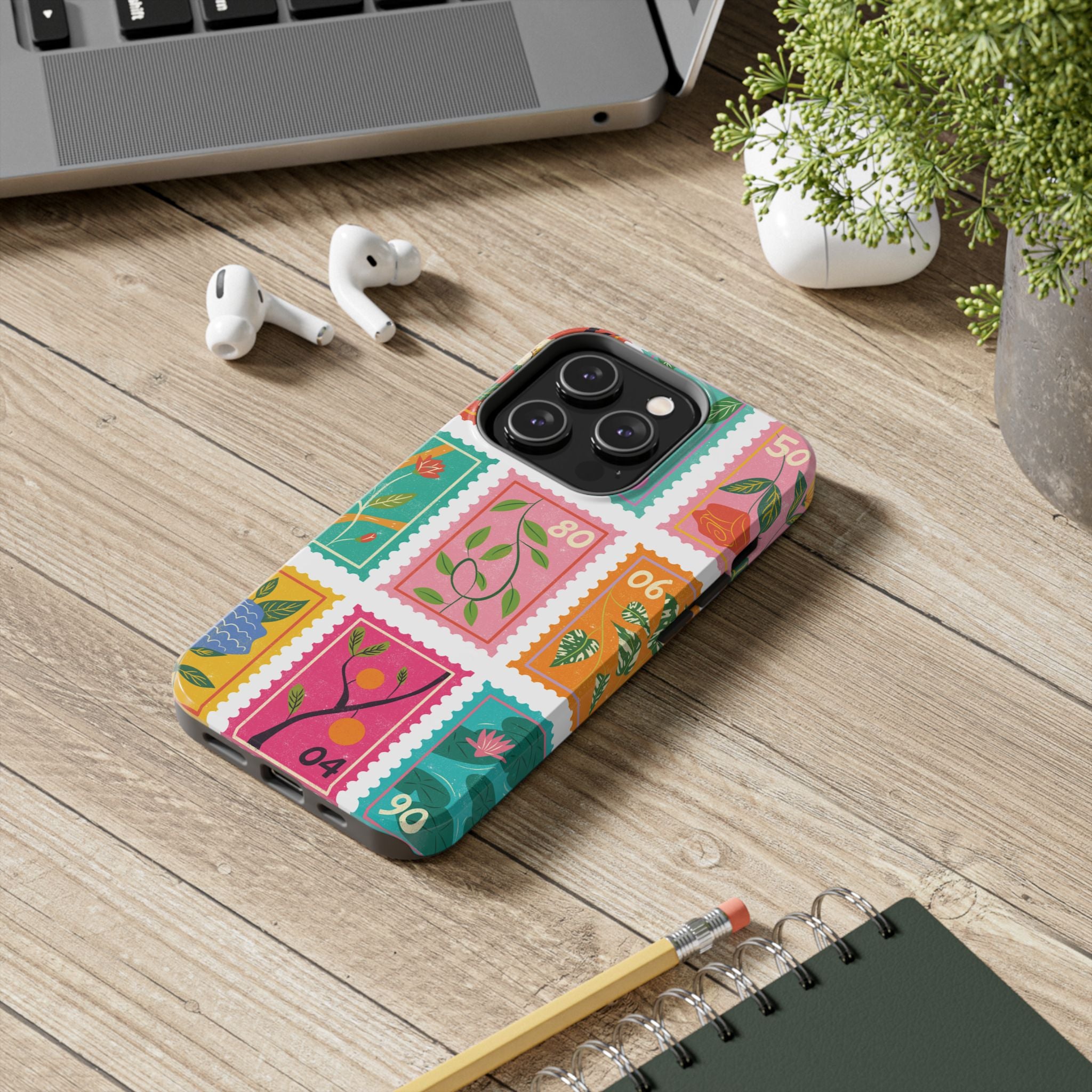 Floral Stamp Pattern Tough Phone Case — Colorful Botanical Protective Cover