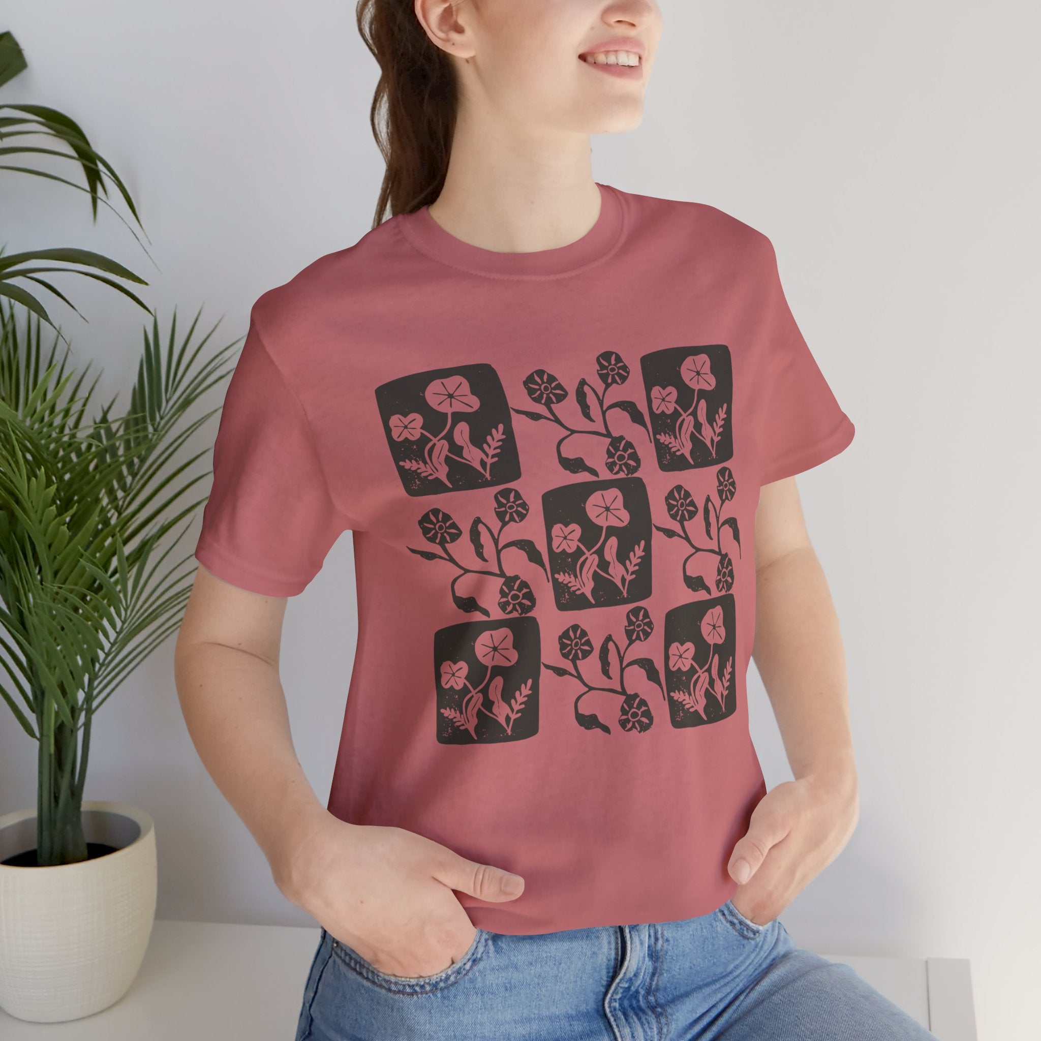 Floral Linocut Style Graphic T-Shirt