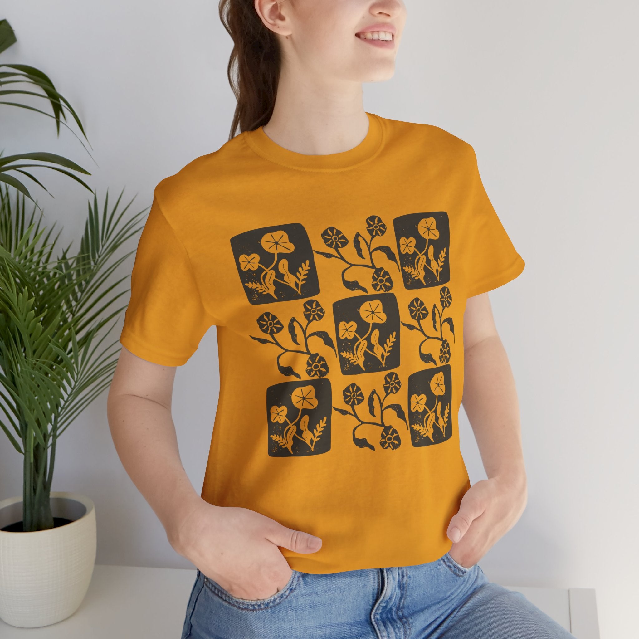 Floral Linocut Style Graphic T-Shirt