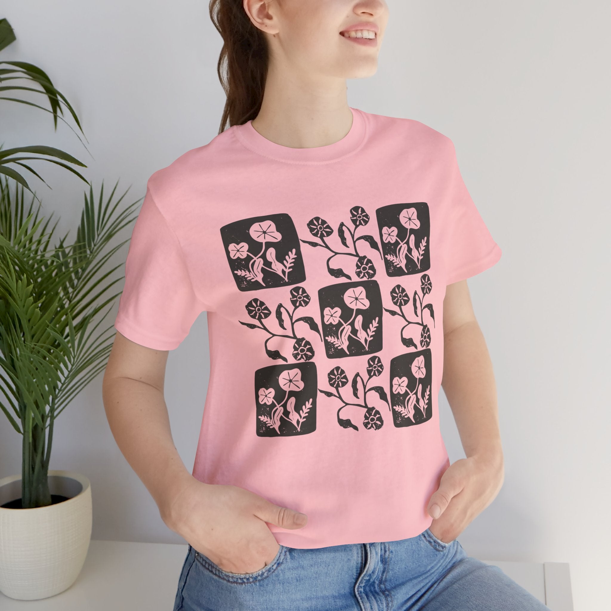 Floral Linocut Style Graphic T-Shirt