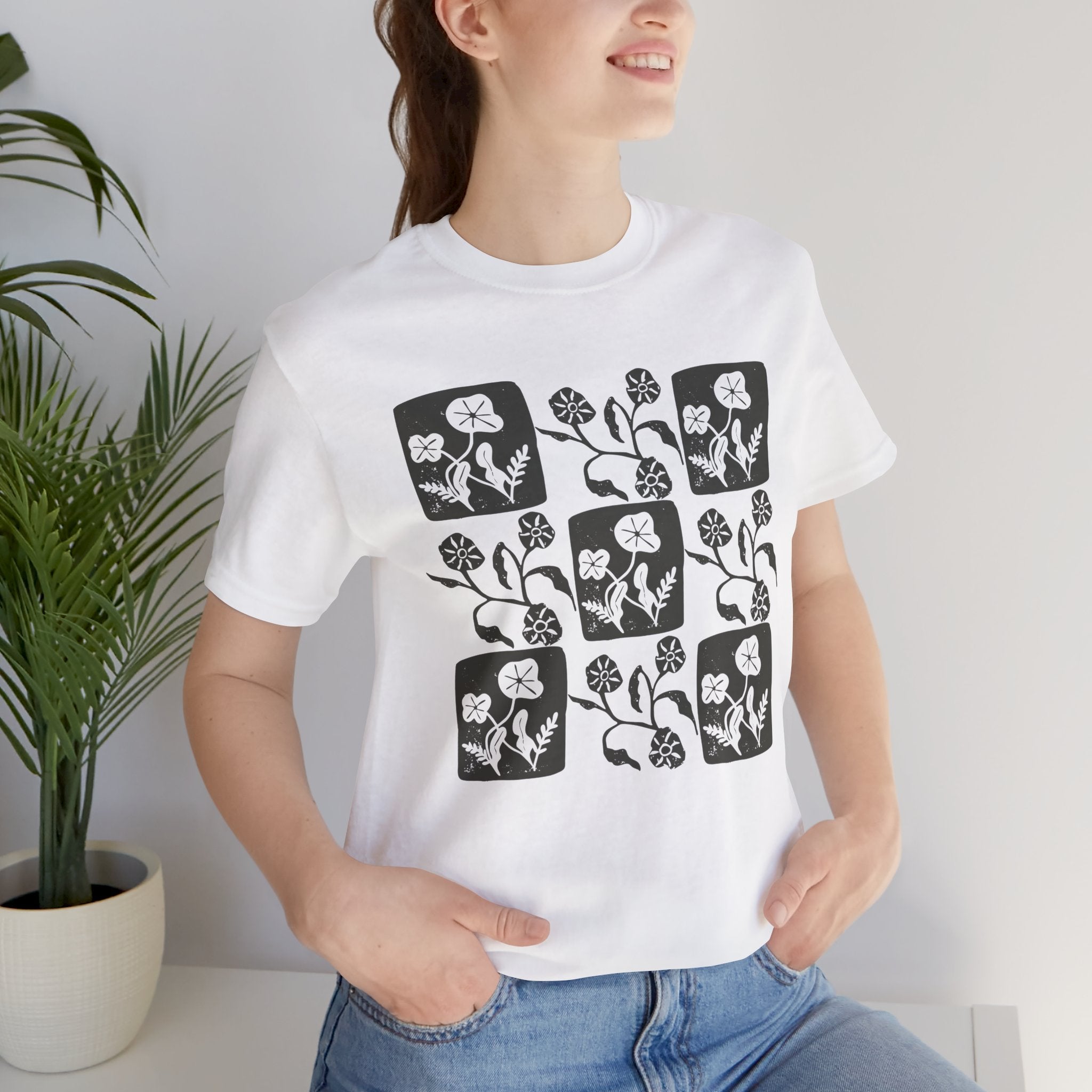 Floral Linocut Style Graphic T-Shirt